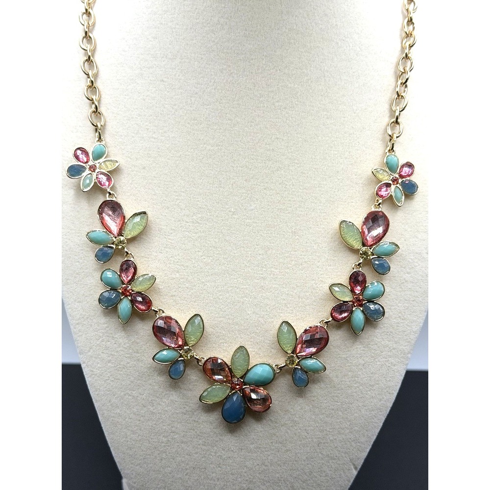 Swarovski Crystal Flowers Swan Signed Statement Necklace Multi-color Gold Tone